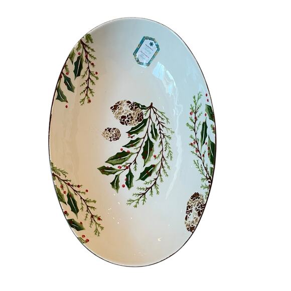 Papart Handpainted Turkish Serving Bowl 14x9 Ceramic Holiday Pinecone Holly NEW - Picture 13 of 15